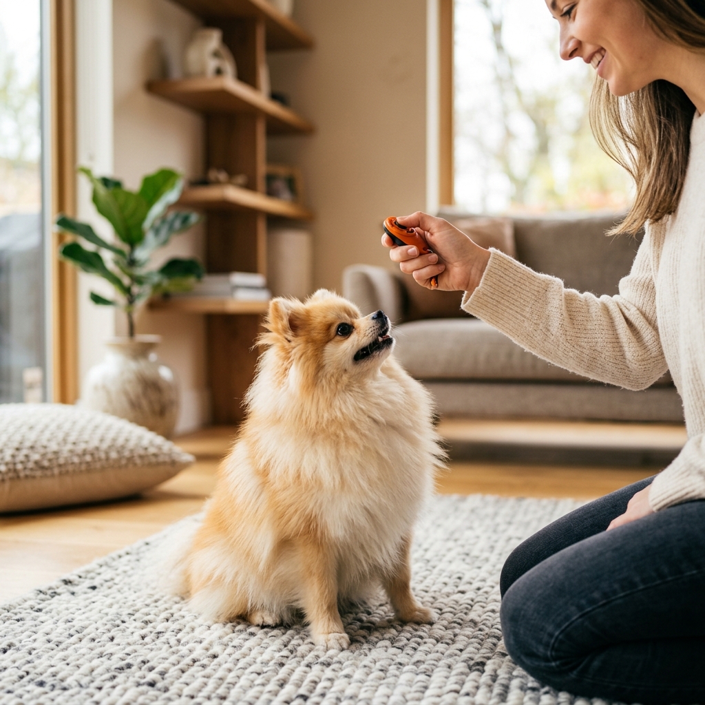 一隻可愛的博美犬專注仰頭看著手拿響片Clicker的主人