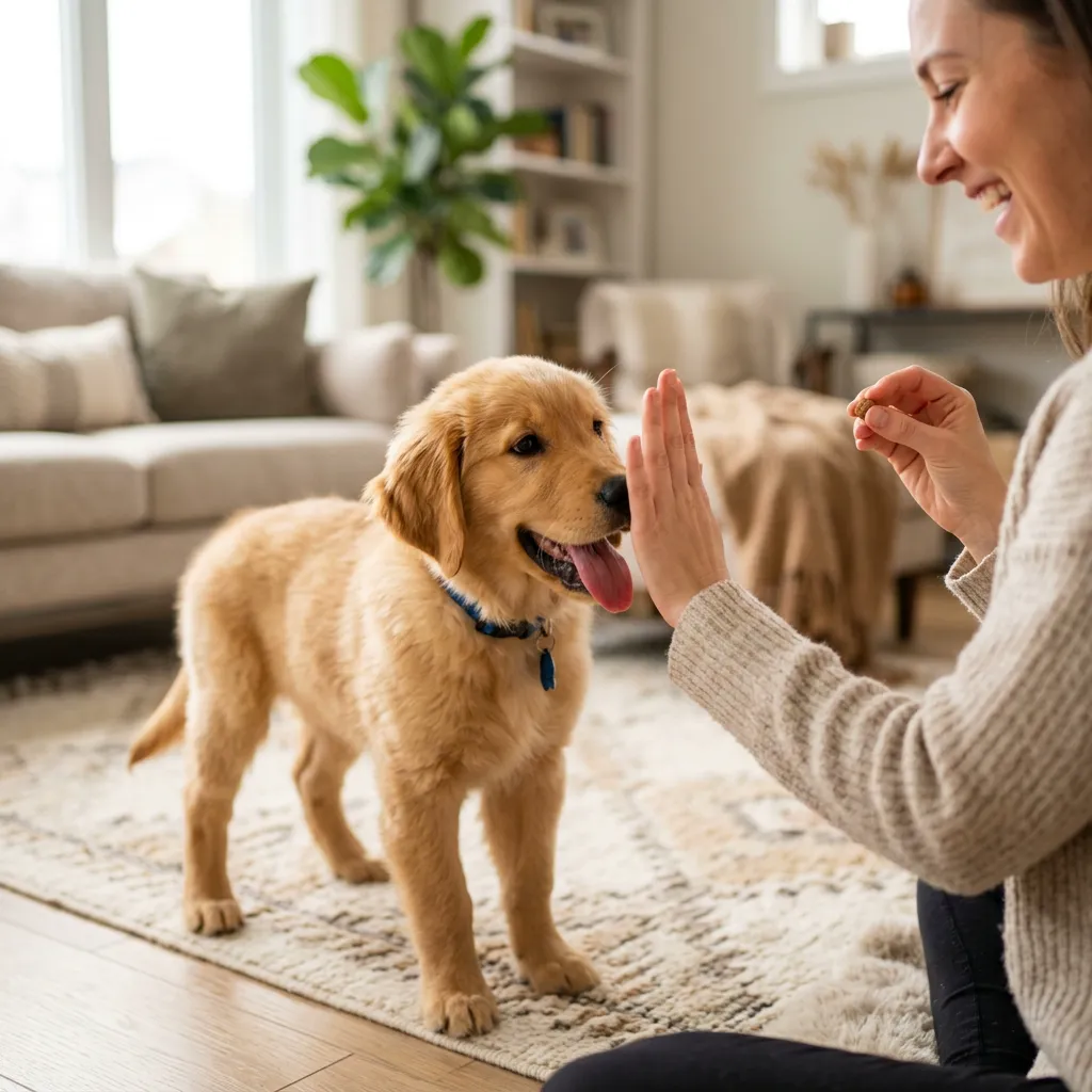 一隻可愛的幼犬開心地在客廳玩耍與主人進行找零食碰手互動遊戲的溫馨場景
