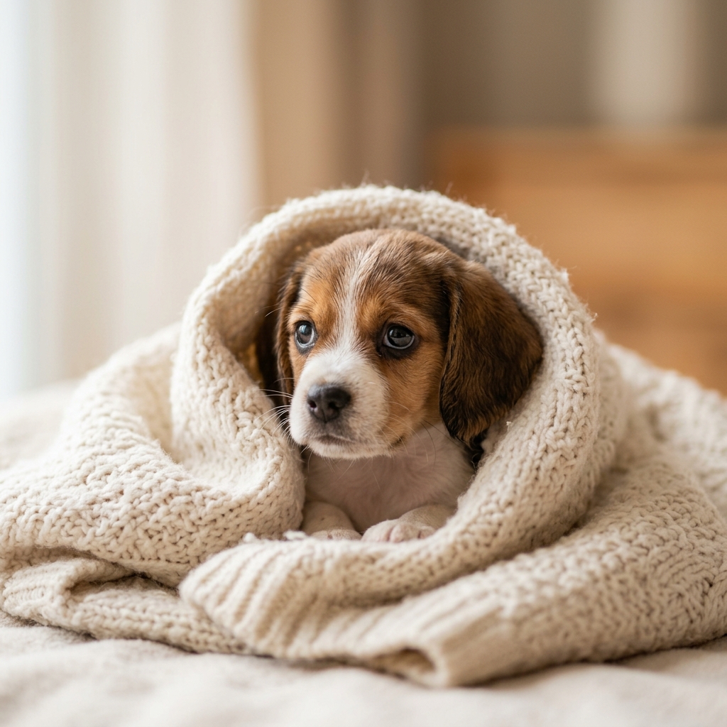 aworriedsmallpuppywrapped在acozyblanketindoors