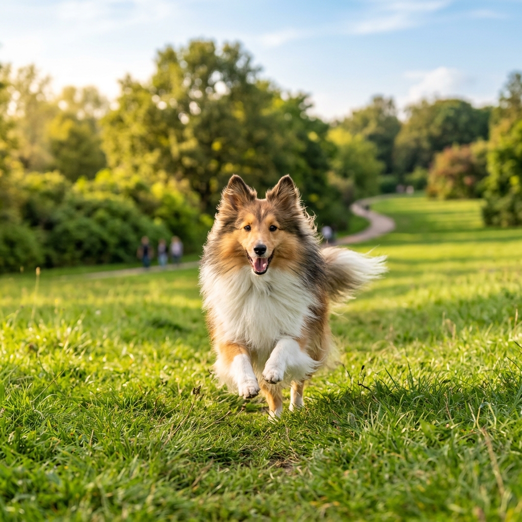 喜樂蒂牧羊犬在陽光普照的翠綠草地上歡快地朝著鏡頭奔跑
