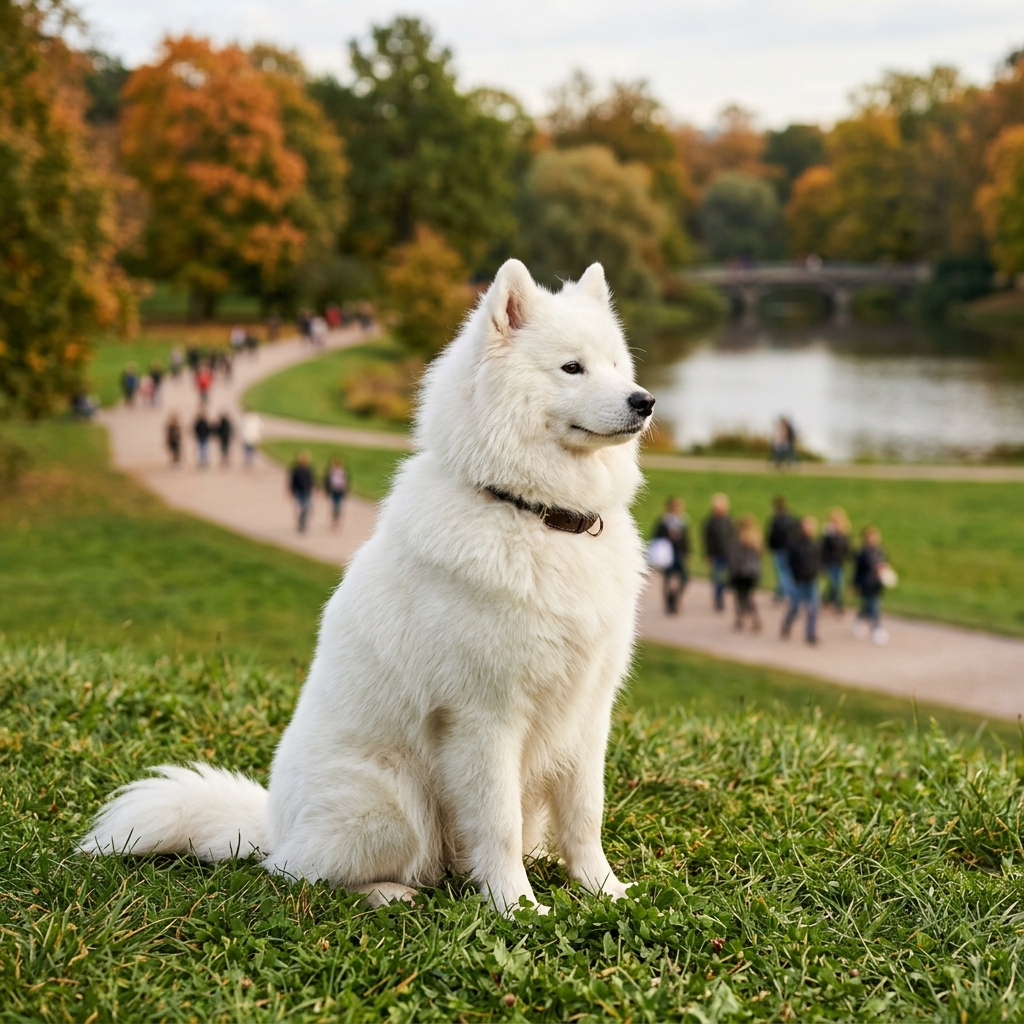 薩摩耶犬在公園草地上冷靜觀察遠方人群的社會化訓練場景
