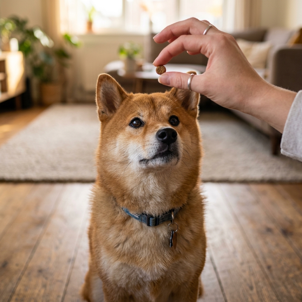 飼主手拿小顆訓練零食，狗狗專注看向飼主坐下等待的畫面
