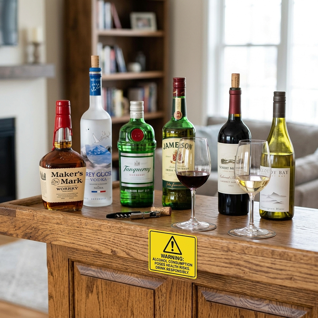 assortedalcoholbottles與wineglasses在檯面帶有警告圖示