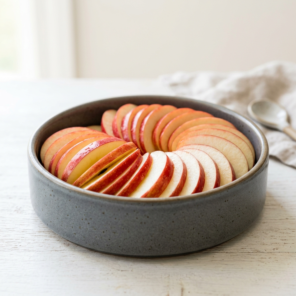 Beautiful freshly sliced red apple slices artfully arranged in a modern pet food bowl