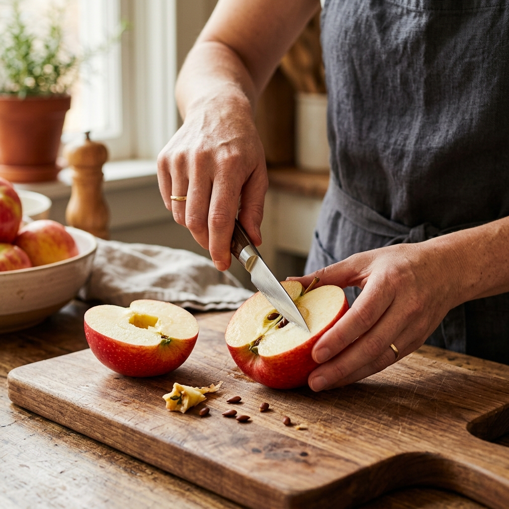 Removing seeds and coring a fresh red apple on a wooden cutting board with a knife