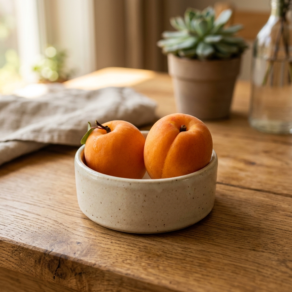 Fresh orange apricots artfully arranged in a beautiful modern ceramic pet food bowl with warm lighting