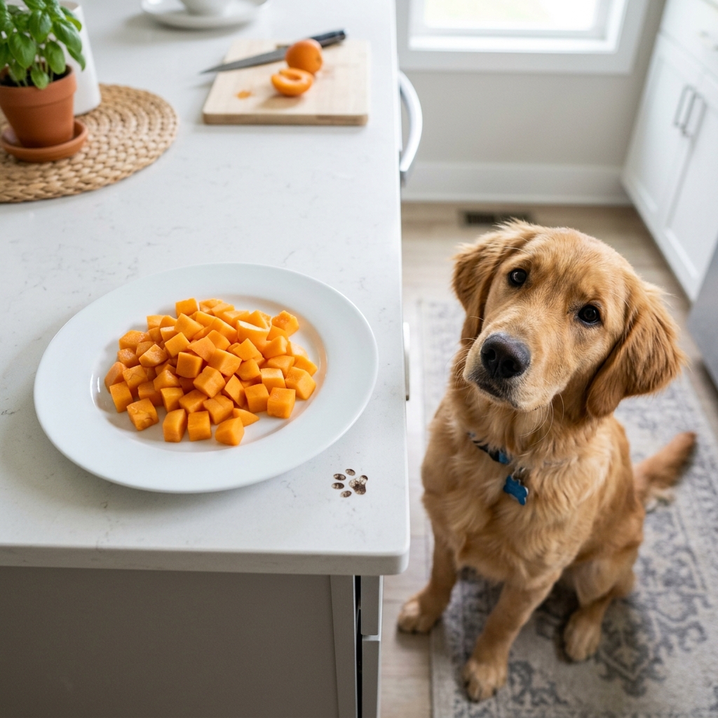 Slicing a fresh ripe apricot and cutting it into small safe bite-sized cubes for dogs on a plate