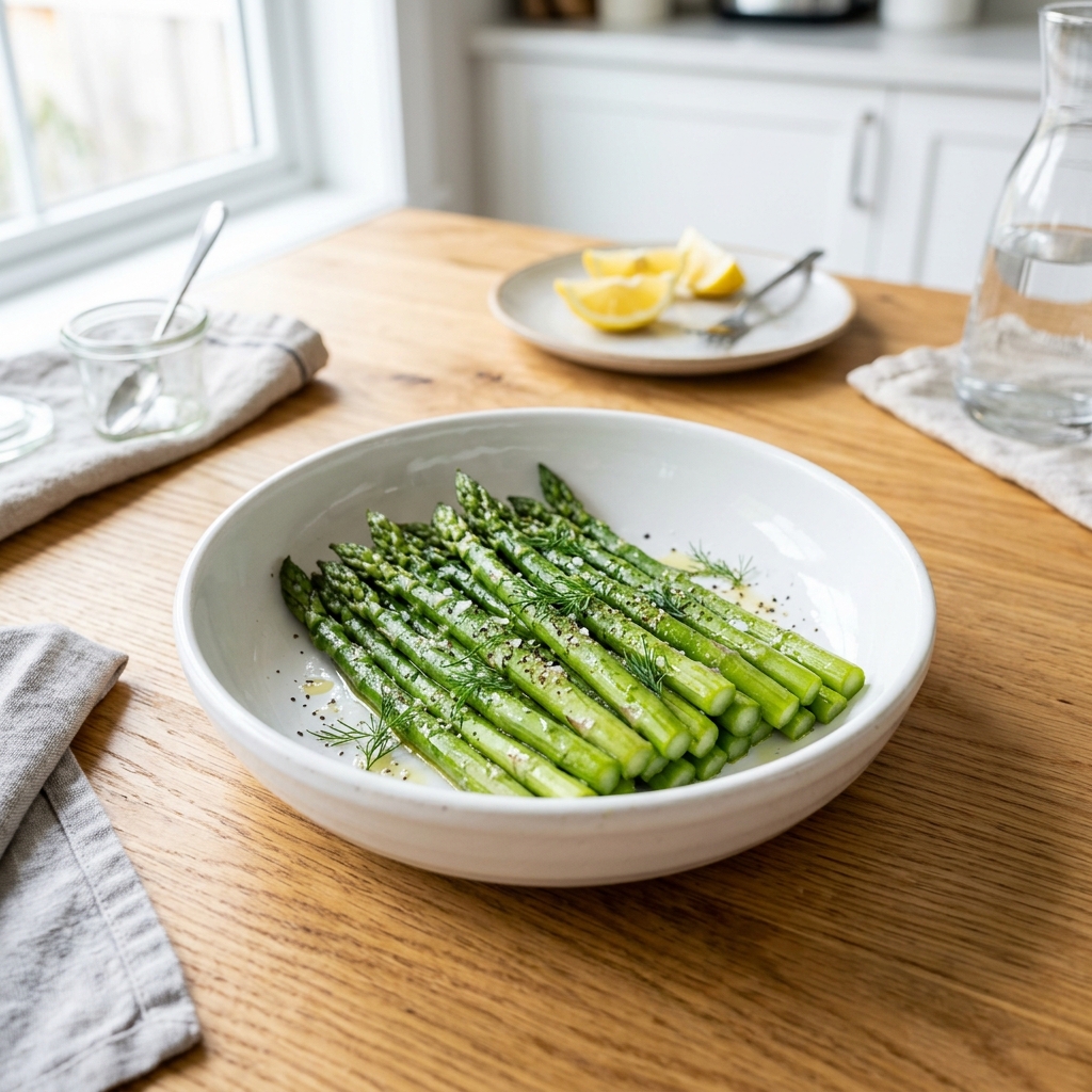 Fresh organic green asparagus inside a white bowl prepared safely for dogs