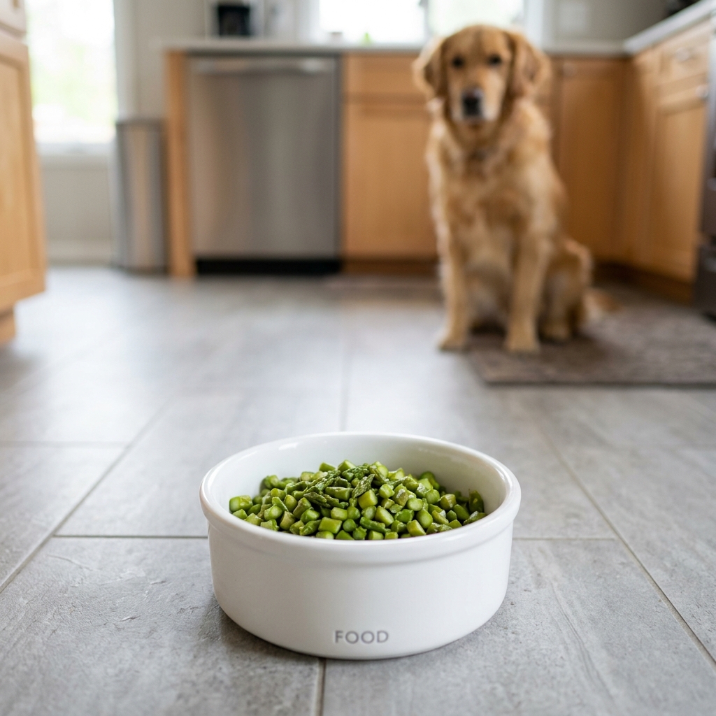 Small cut green cooked asparagus inside a white dog bowl