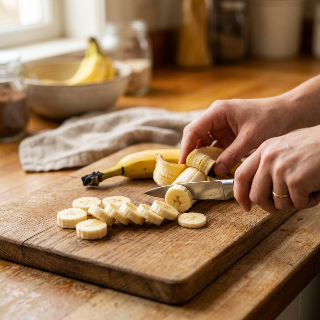 Fresh banana being sliced into small circular pieces on a wooden cutting board