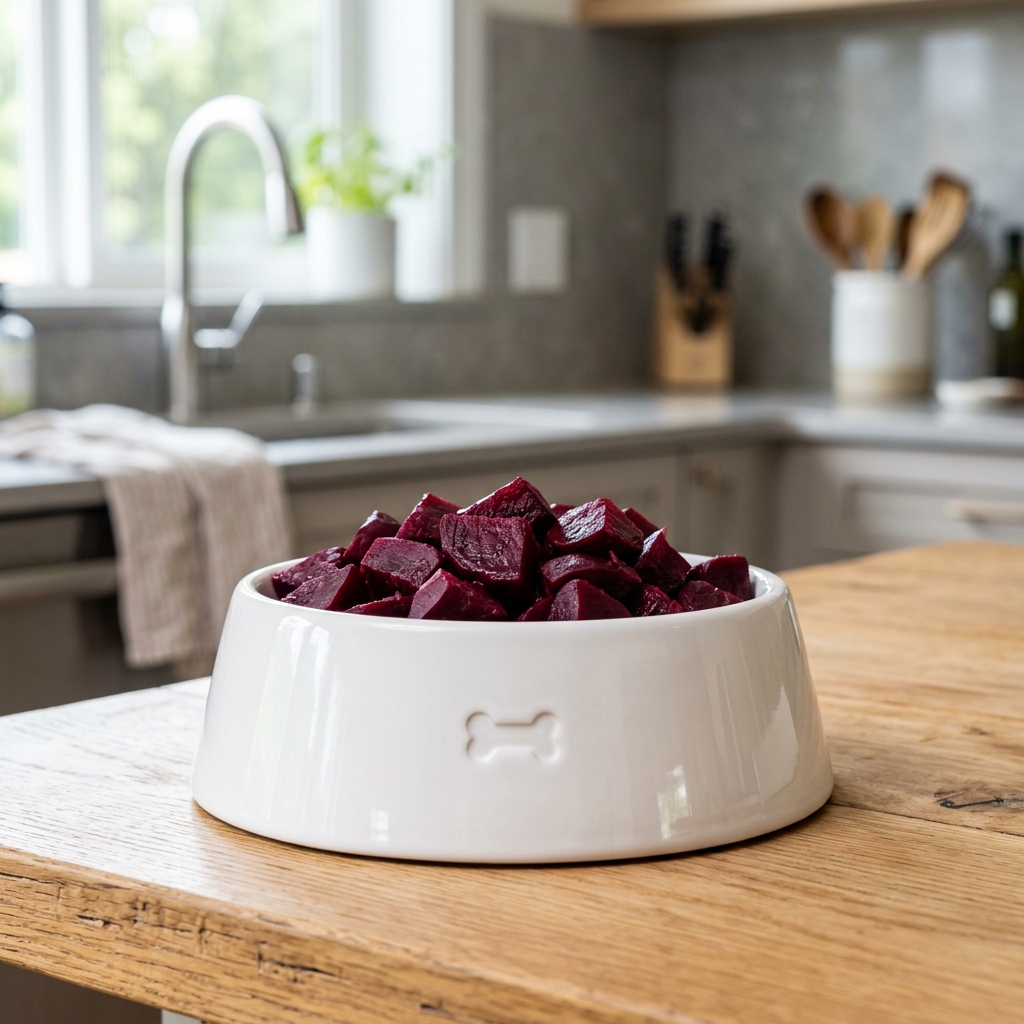 Boiled chopped beets in a white dog bowl