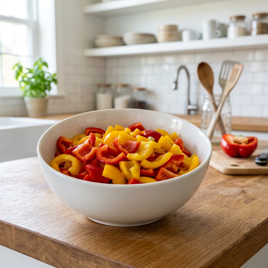 Fresh red and yellow bell pepper slices prepared safely for dog treats