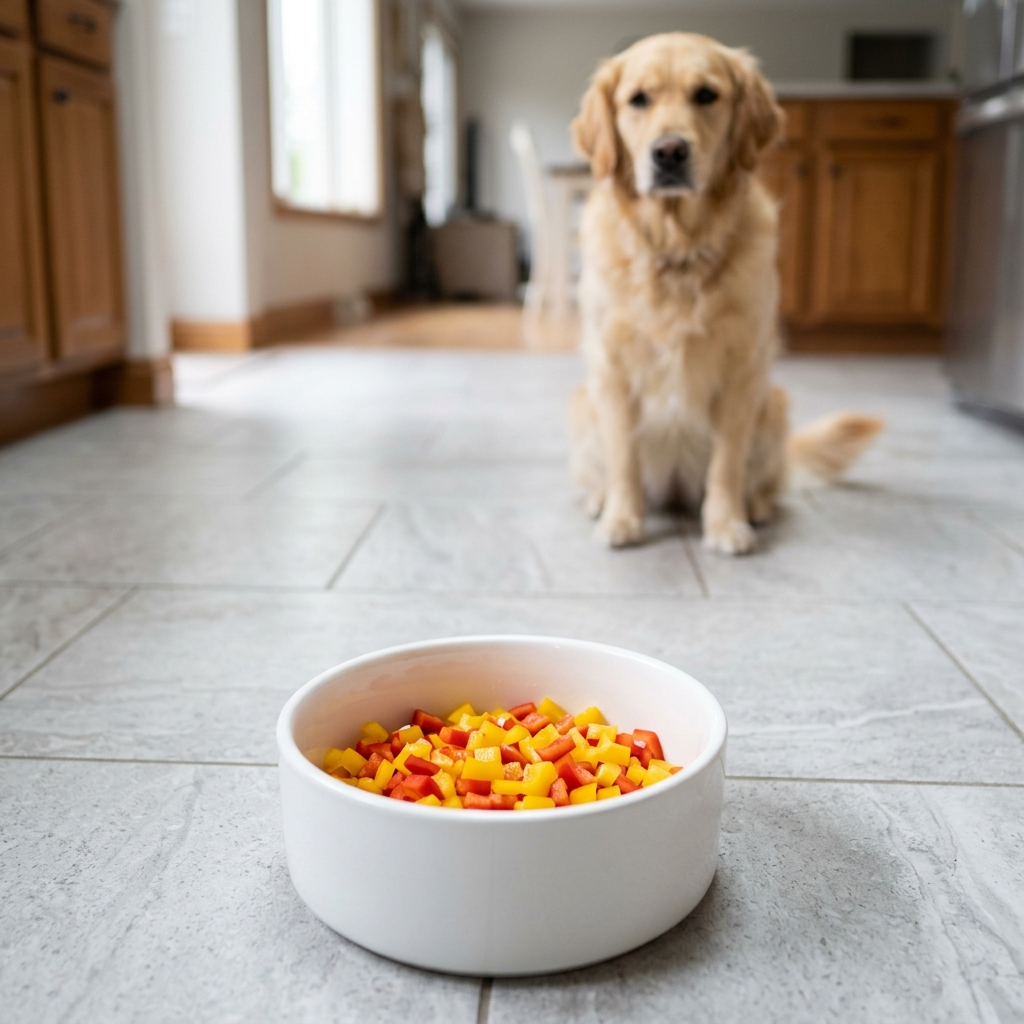 Small chopped red and yellow bell peppers in white bowl