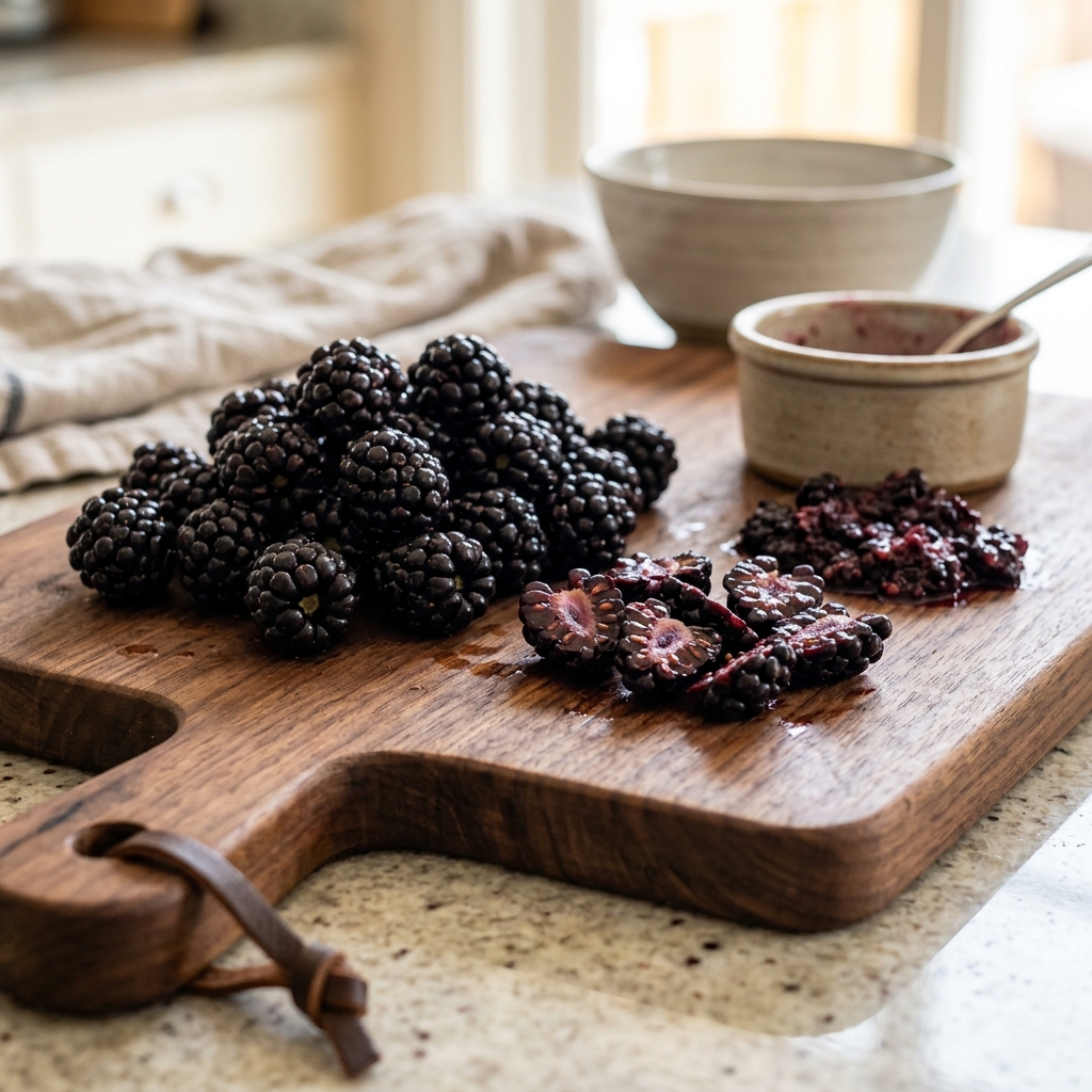 Preparing fresh organic blackberries on a cutting board, halving them for safe dog treats