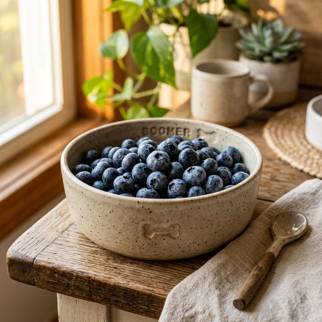 Fresh organic blueberries artfully arranged in a beautiful modern ceramic pet food bowl with warm lighting