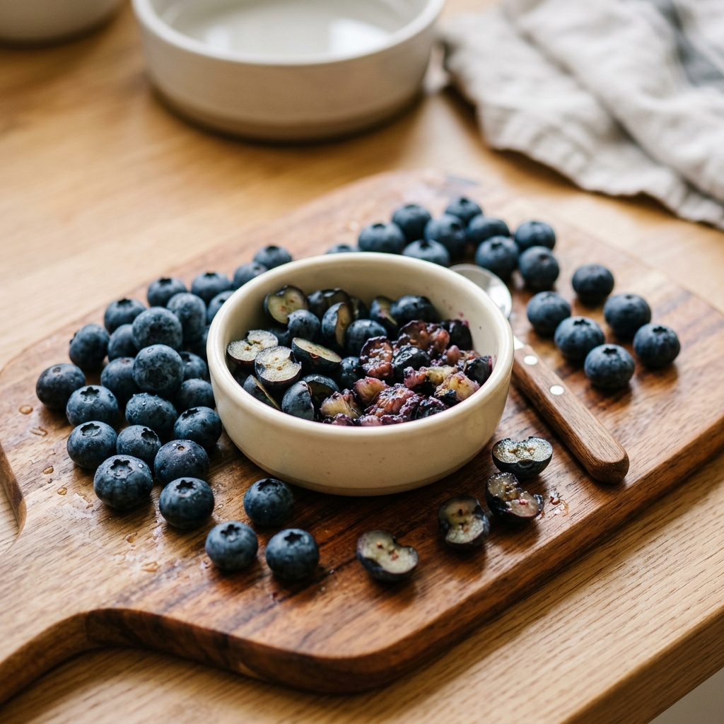 Preparing fresh organic blueberries on a cutting board, halving them for safe dog treats