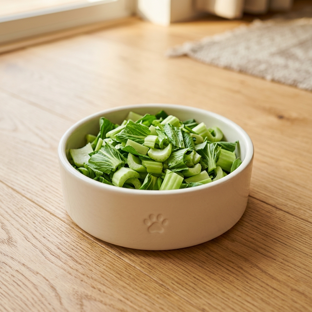 Beautiful freshly cut green bok choy leaves artfully arranged in a modern pet food bowl