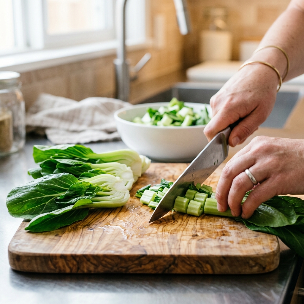 Slicing fresh green baby bok choy cabbage leaves on a wooden board
