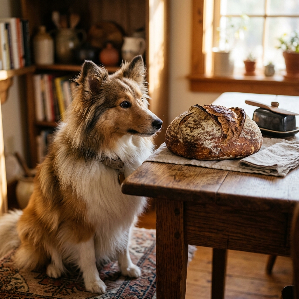 A curious Jack Russell Terrier looking at a stack of fresh white bread toast on table