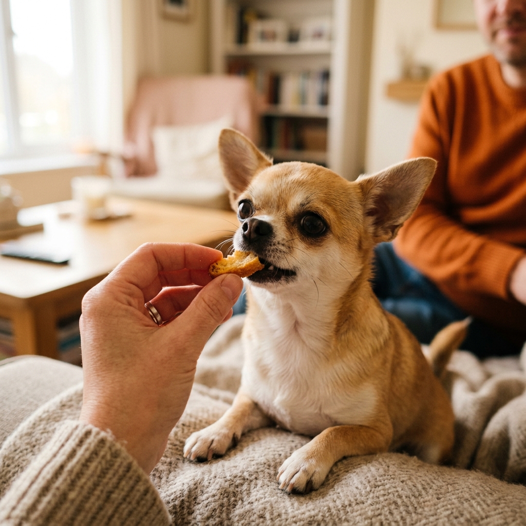 A close-up of a hand offering a tiny piece of bread to a Miniature Schnauzer dog