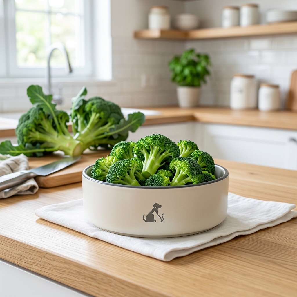 Beautiful freshly cut green broccoli florets artfully arranged in a modern pet food bowl