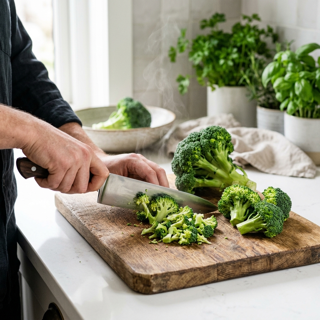 Cutting fresh green broccoli florets on a wooden cutting board