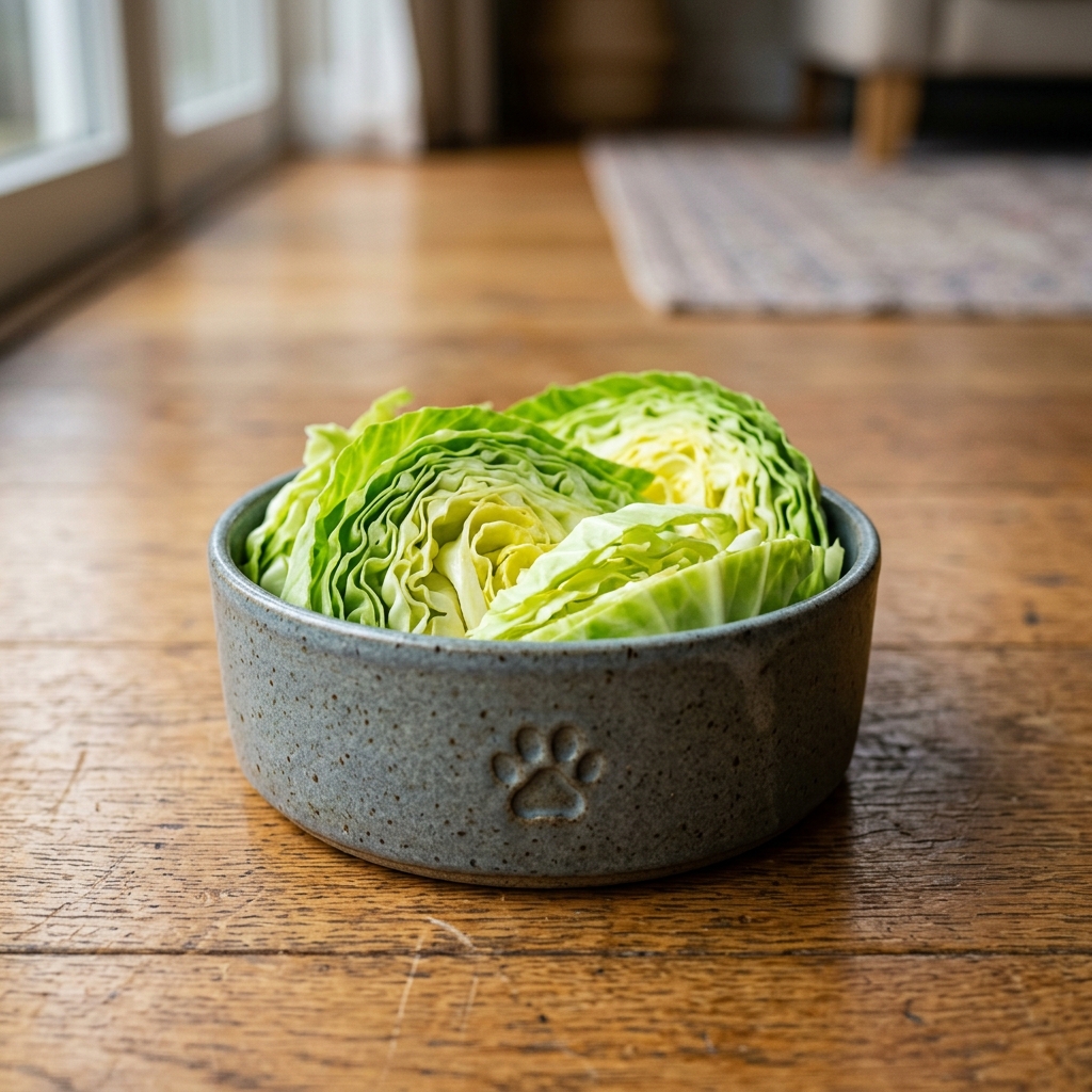 Beautiful freshly cut green cabbage leaves artfully arranged in a modern pet food bowl