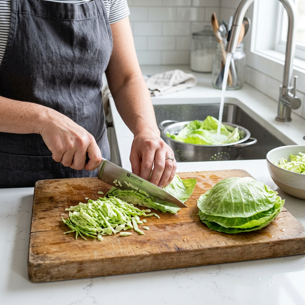 Slicing fresh green cabbage leaves on a wooden cutting board