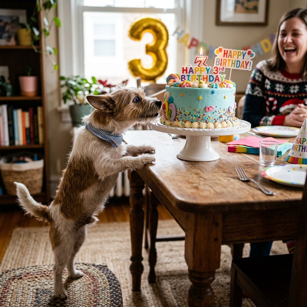 small狗狗在hindlegs試圖夠到abirthday蛋糕在桌上