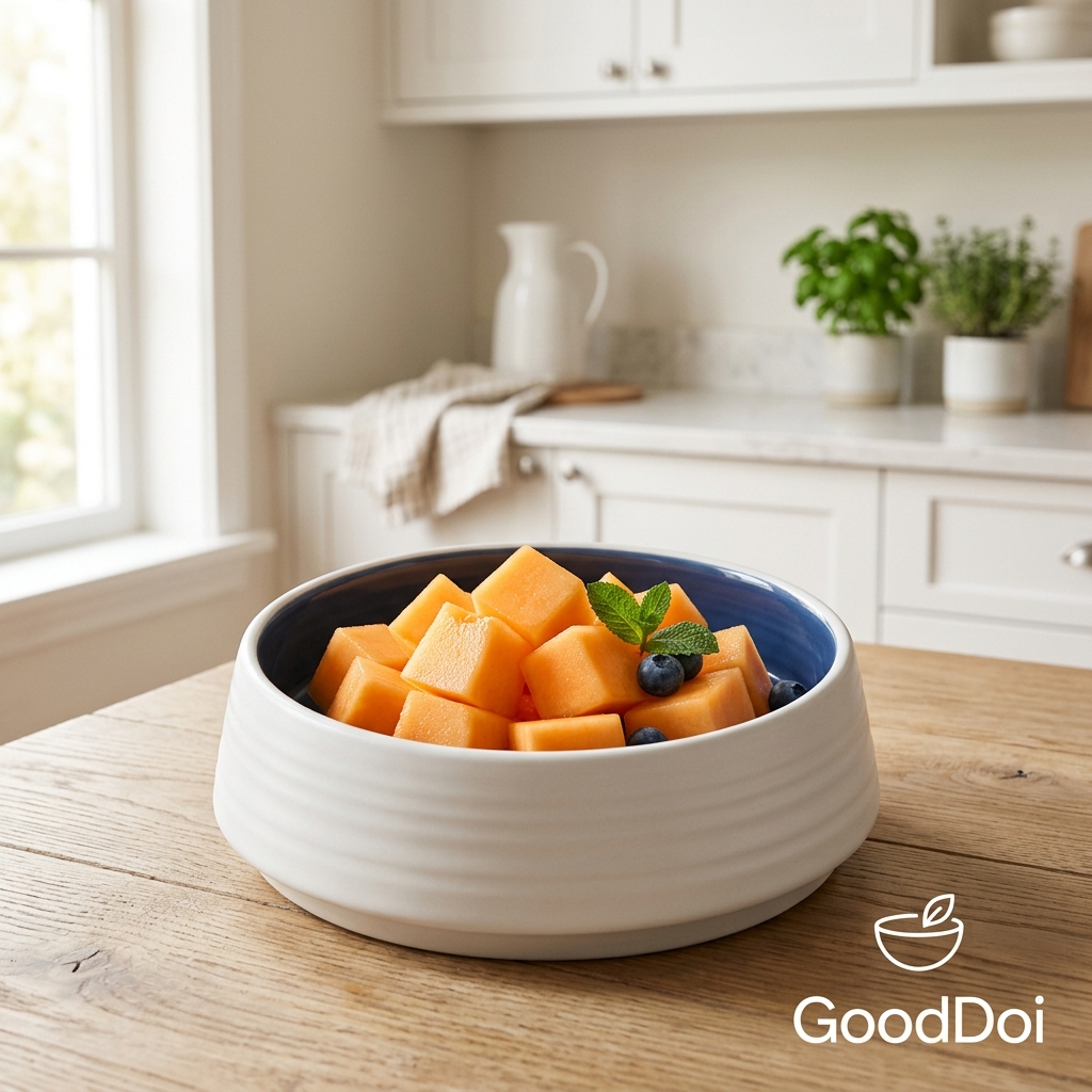 Fresh sweet cantaloupe melon slices in a modern pet food bowl