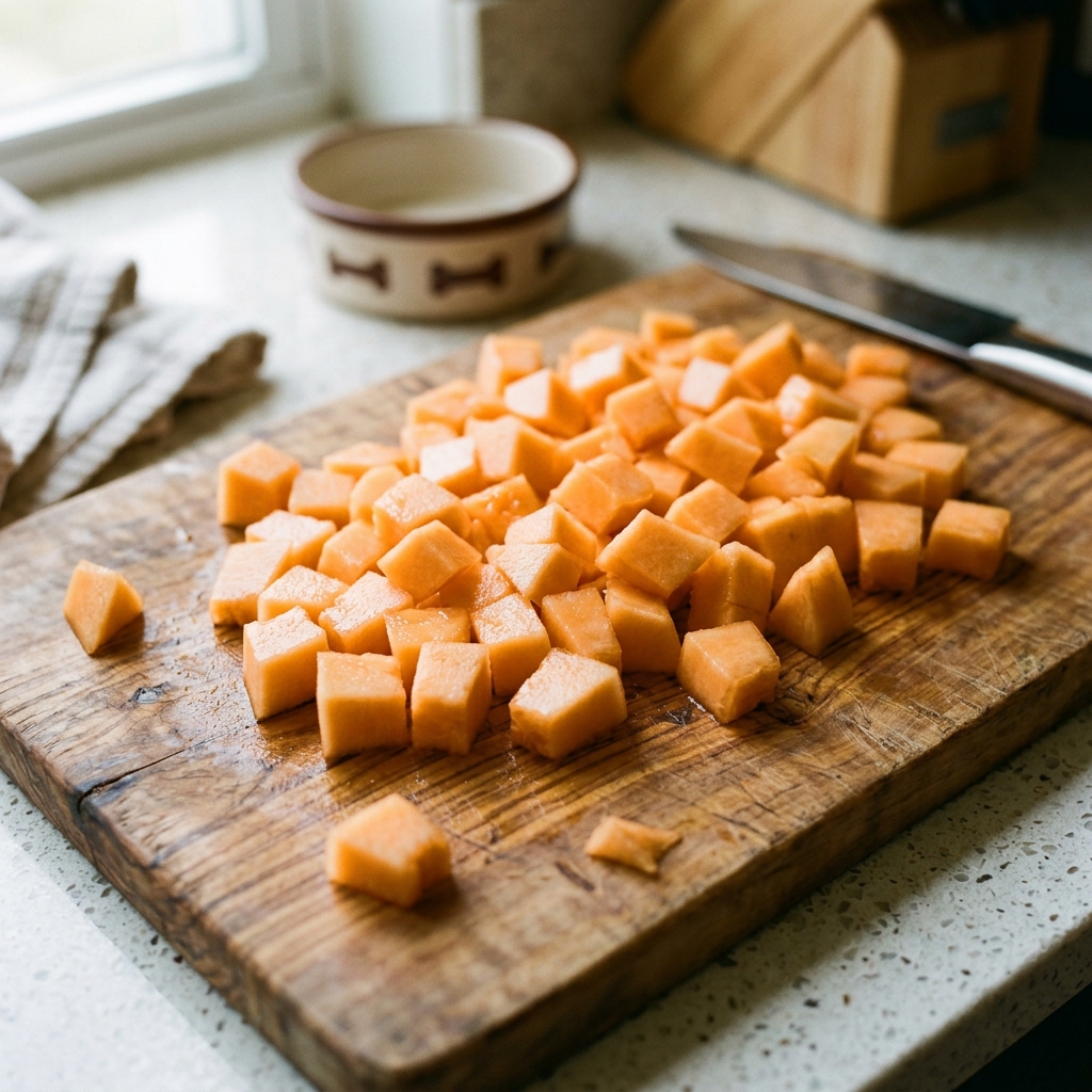 Scooping seeds and cutting sweet orange cantaloupe melon into small cubes on a cutting board