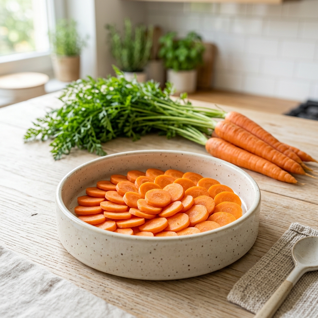 Beautiful freshly sliced carrot rounds artfully arranged in a modern pet food bowl