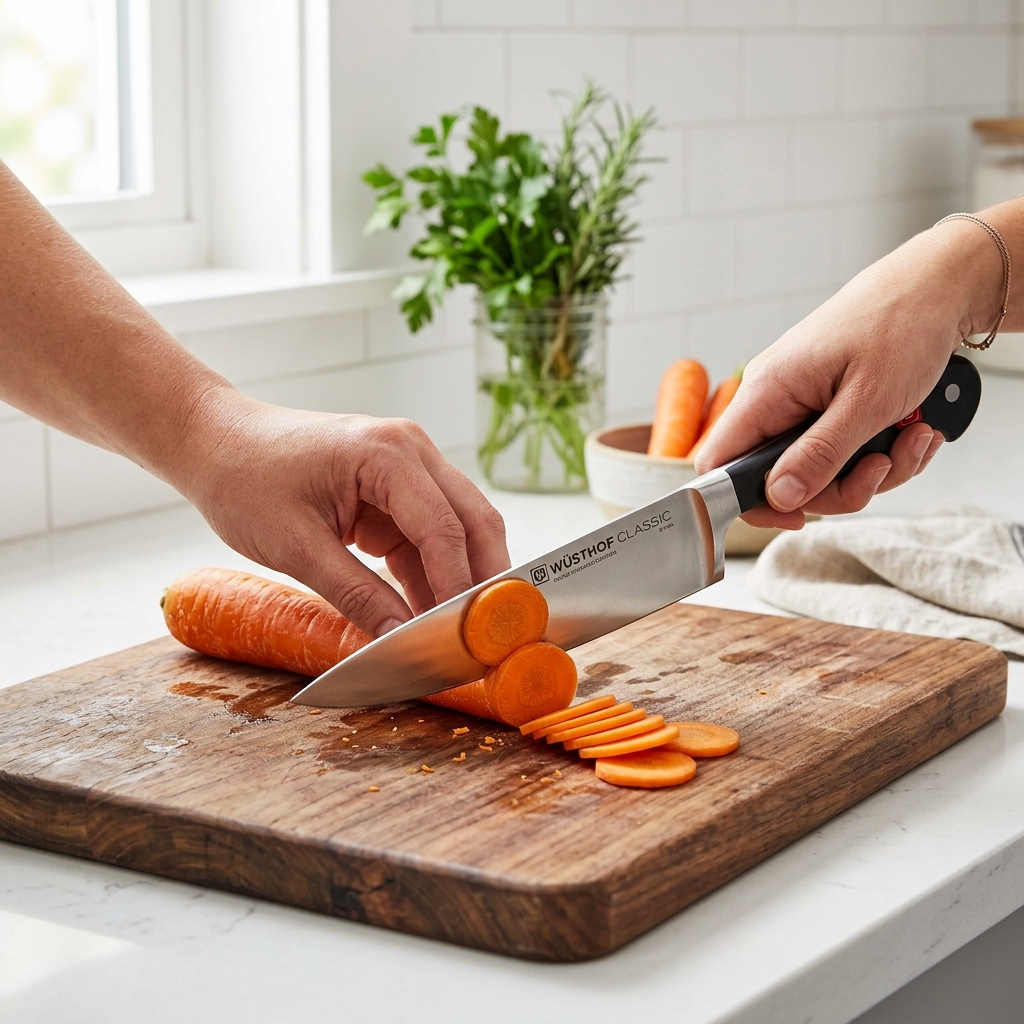 Slicing a fresh orange carrot into thin slices on a wooden cutting board