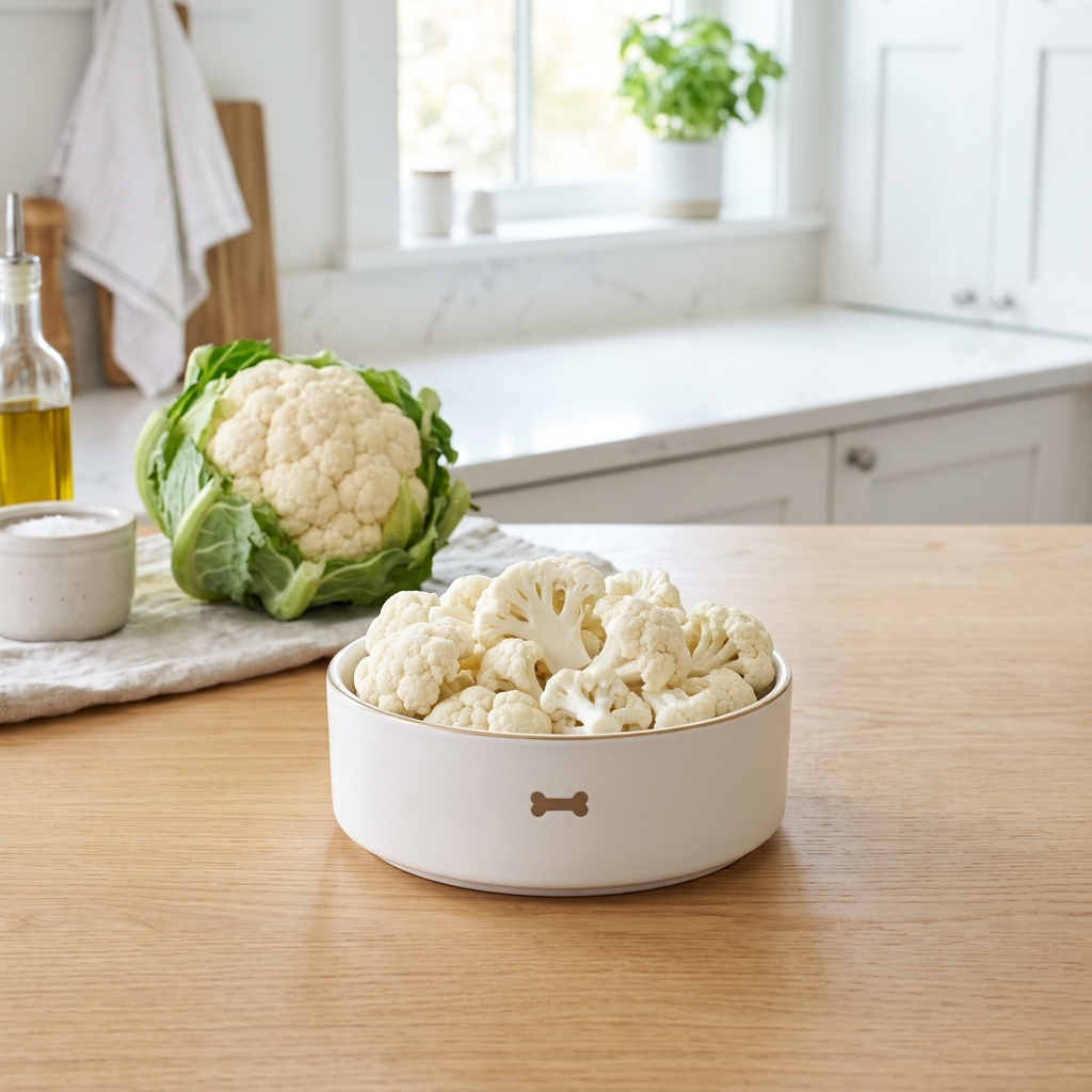 Beautiful freshly cored white cauliflower florets artfully arranged in a modern pet food bowl