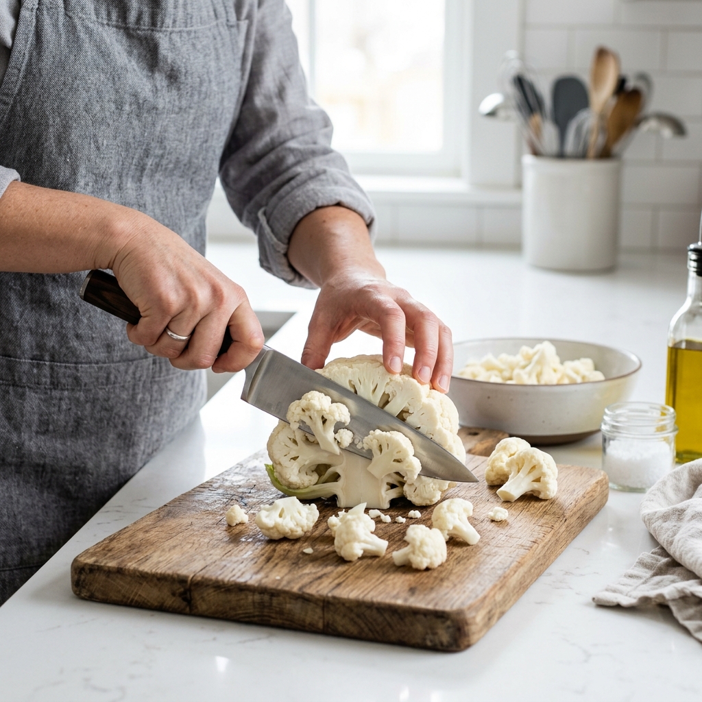 Cutting fresh white cauliflower head into small florets