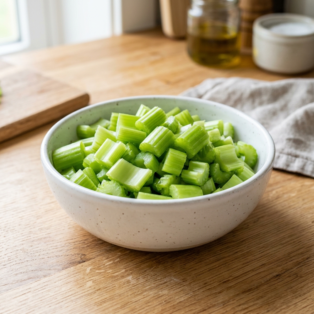 Fresh chopped green celery on wooden table prepared for dogs