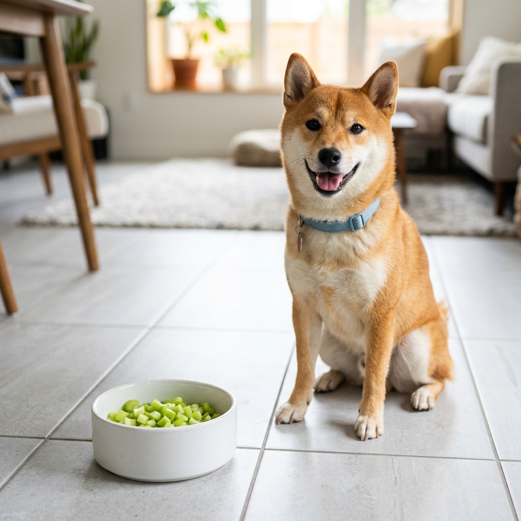 Small diced green celery inside a white dog bowl on tiled floor