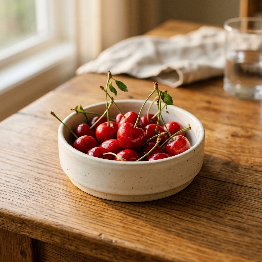 Fresh red cherries artfully arranged in a beautiful modern ceramic pet food bowl with warm lighting