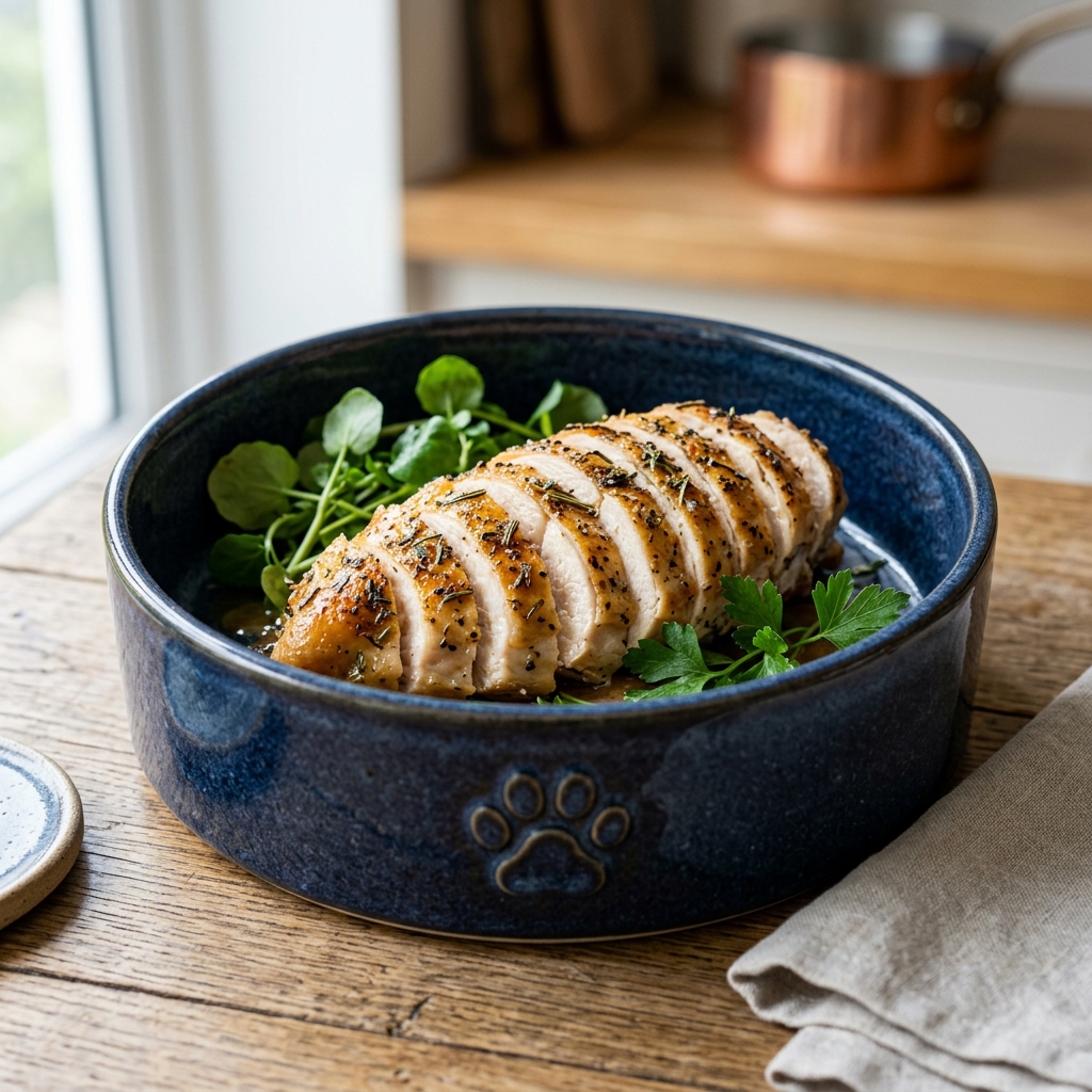 Beautiful freshly prepared 雞肉 inside a modern pet food bowl