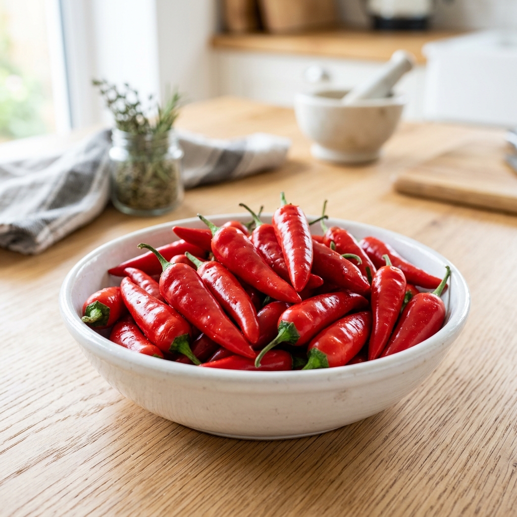 Fresh red chili peppers scattered on a dark slate background, professional culinary photography