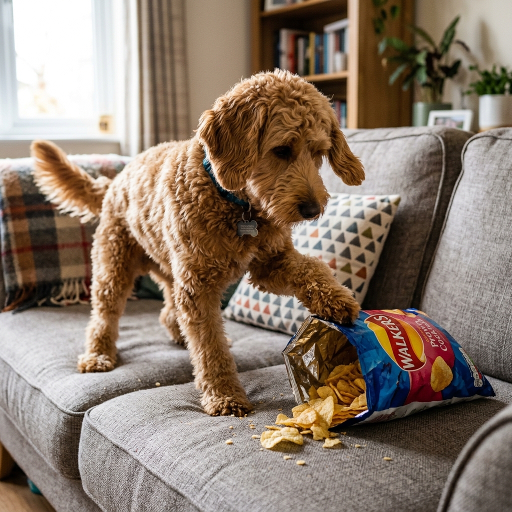 狗狗pawing在openbag的crisps在sofa