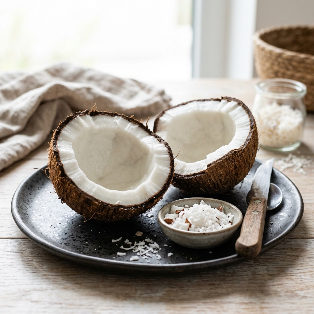 Fresh organic cracked coconut with rich white meat on a modern ceramic plate