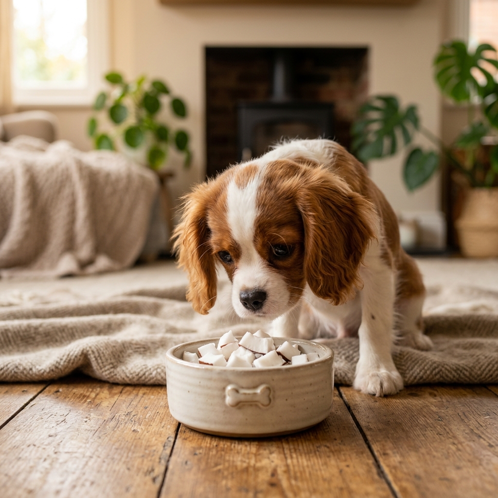 A cute dog looking at small, clean, white organic coconut chunks on a pet bowl