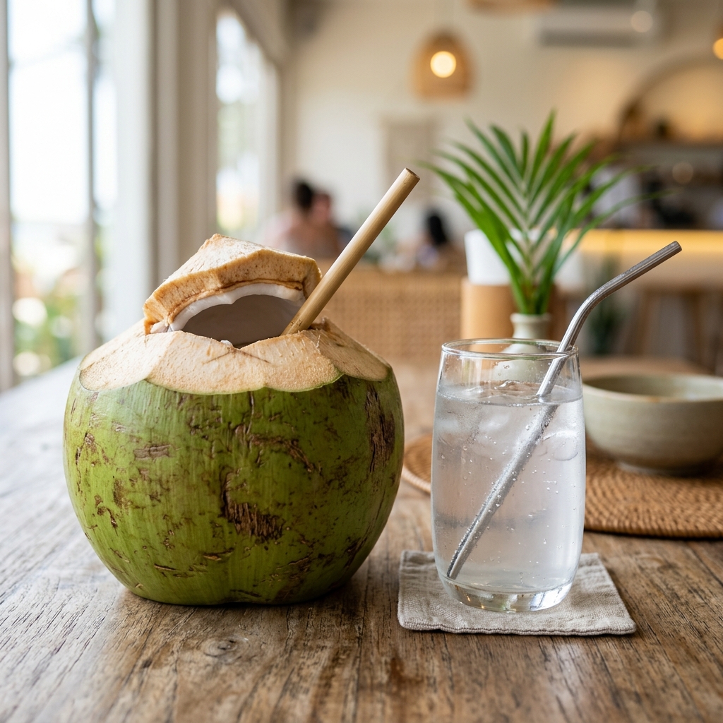 A glass of clear coconut water next to a fresh green coconut on a wooden table