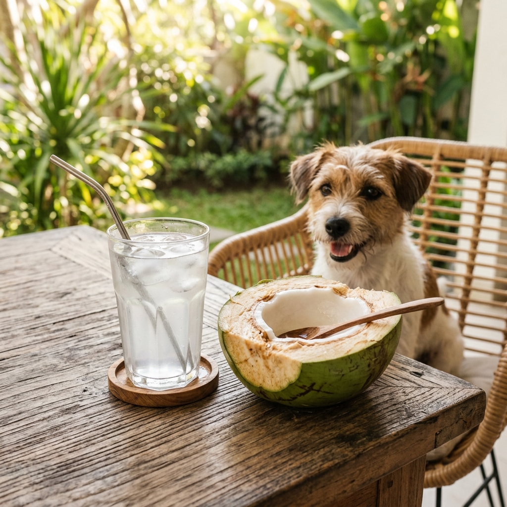 Fresh coconut water in a glass next to a cut open coconut