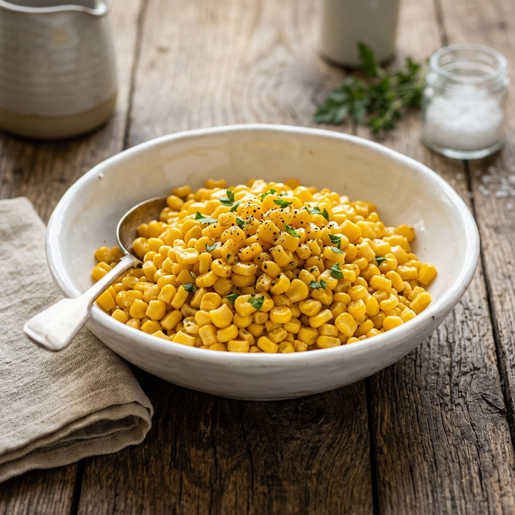 Beautiful freshly cooked golden yellow corn kernels in a white bowl