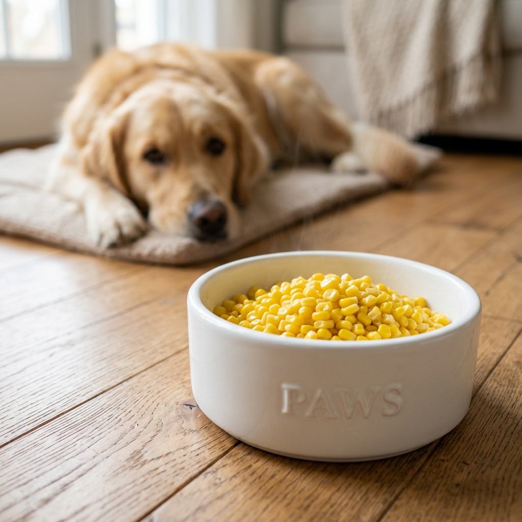 Freshly boiled golden yellow corn kernels removed from the cob in a pet food bowl