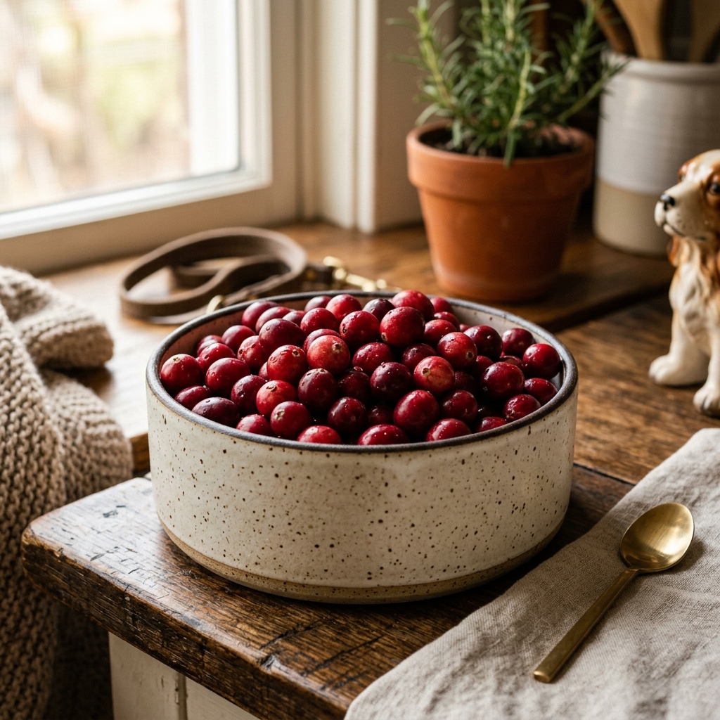 Fresh organic cranberries artfully arranged in a beautiful modern ceramic pet food bowl with warm lighting
