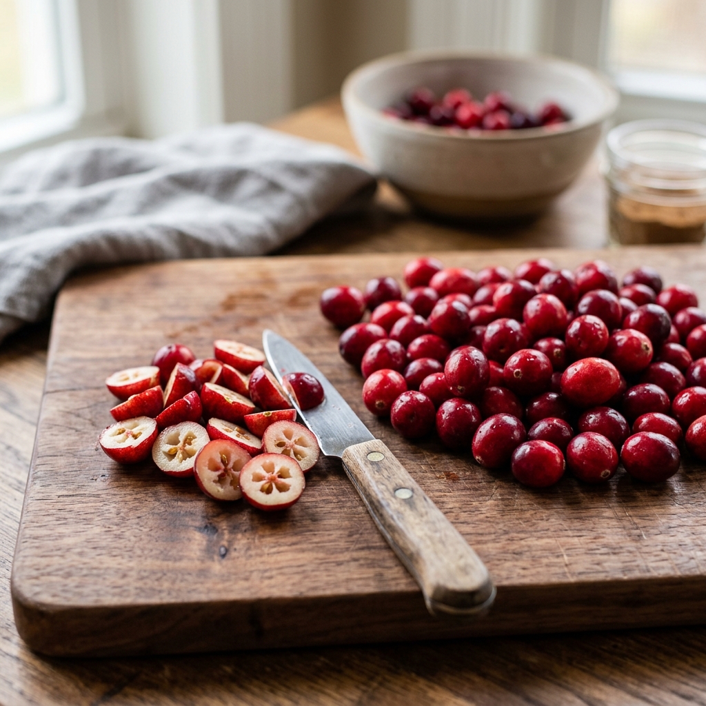 Preparing fresh organic cranberries on a cutting board, halving them for safe dog treats