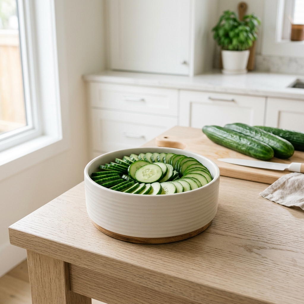 Beautiful freshly sliced cucumber slices artfully arranged in a modern pet food bowl